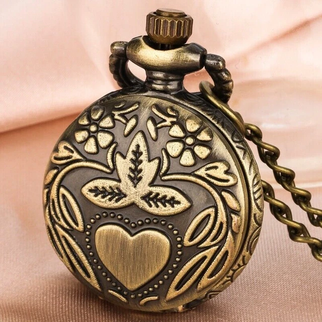 Mini Bronze Pocket Watch Engraved Flower Quartz Watches Arabic Number Long Chain