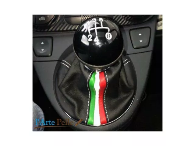 Cuffia leva cambio Fiat nuova 500 vera pelle nera + tricolore