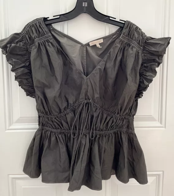 WOMEN'S REBECCA TAYLOR DARK Gray Cinched PEPLUM Ruffle Sleeve Top Blouse SIZE 8