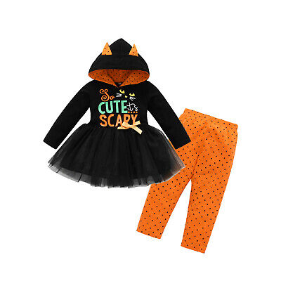 Toddler Baby Girls Halloween Letter Tops Dress+Polka Dot Print Pants Outfits Set
