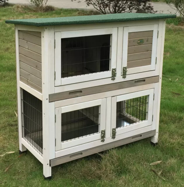 Grey Rabbit Hutch Guinea Pig Hutches Run 2 Tier Double Decker Cage Roger