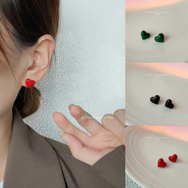 Small Cute Heart Stud Earrings for Women Girls Red Black Metal Earrings Gifts