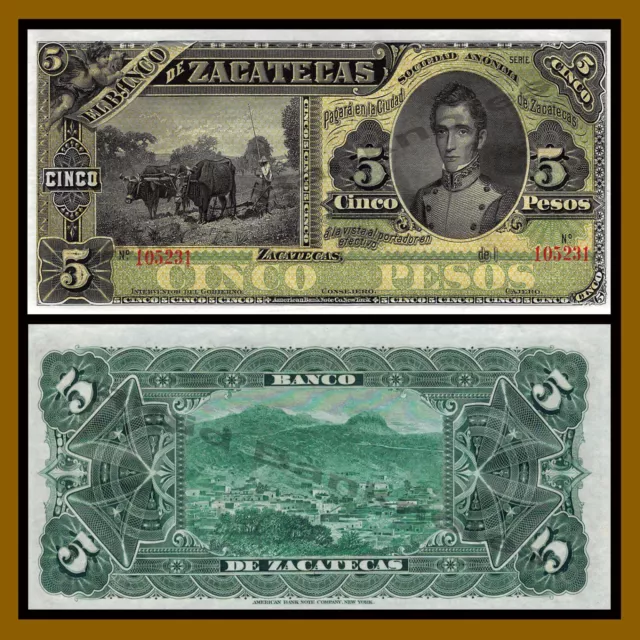 Mexico 5 Pesos, 1891/1914 P-S475r El Banco de Zacatecas Remainder Unc.