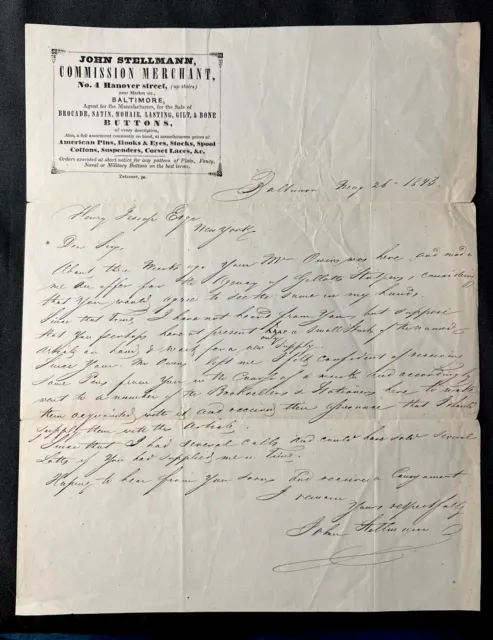 1843 antique JOHN STELLMANN Merchant w Signature Letterhead Letter to Esquire