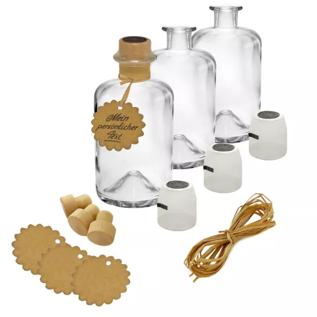 5x Apothekerflaschen Glas Geschenkset leer 0,35L+ Anhänger, Kapsel, Korken, Bast