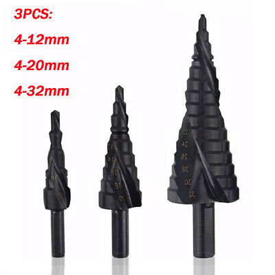 3Pcs HSS Spiral Grooved Step Cone Drill Drills Bit 4-12 4-20 4-32mm Hole Cut