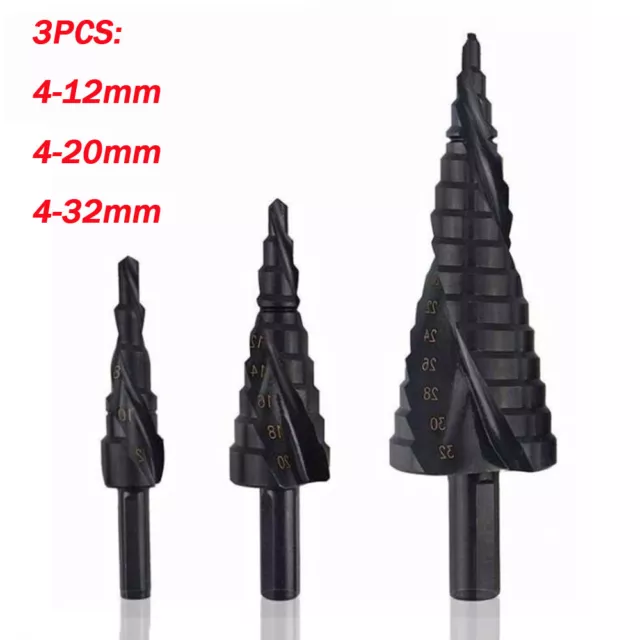 3Pcs HSS Spiral Grooved Step Cone Drill Drills Bit 4-12 4-20 4-32mm Hole Cut