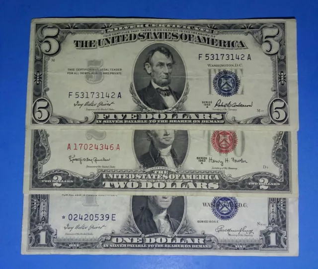 Lot Of 3,1935 E~Star ,$1 & $2 63A, 1953 A $5, Vf. Red & Blue Seals ! Old U.s.!