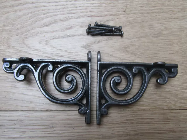 PAIR OF SWIRL ANTIQUE IRON  ornate shelf Bracket wall Support books storage