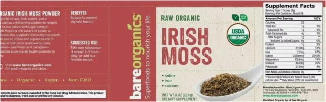BAREORGANICS IRISH MOSS Superfood Powder, 8 Oz EXP. 8/2026 $27.99 ...