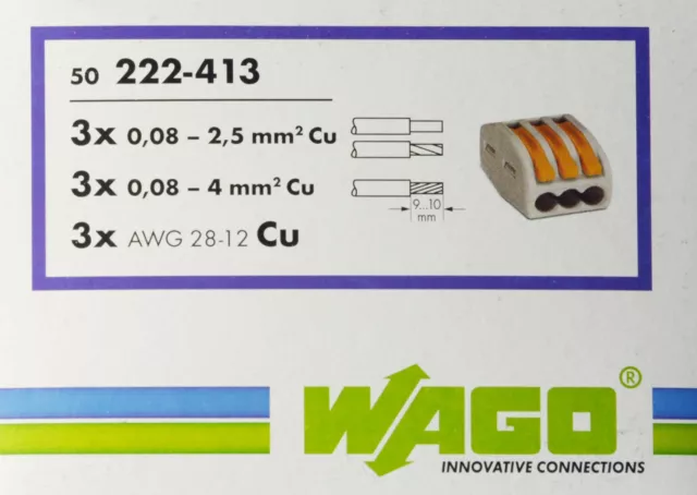 50 Bornes de connexions Wago 222-413 automatique 3 entrées fil souple rigide