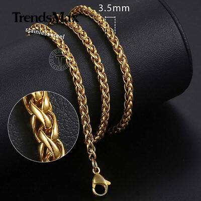 3.5mm Mens Braided Wheat Link Necklace Gold Plated Stainless Steel Chain Jewelry