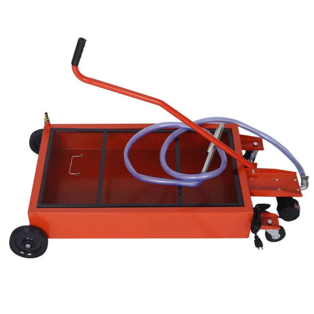 17 Gallon Oil Drain Pan Low Profile Dolly with Electric Pump Hose & Wheels Red