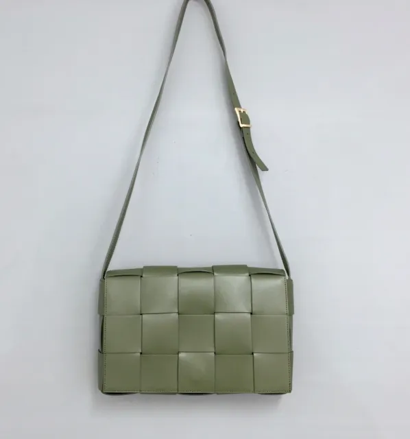 VALENTINA FIORE Made In Italy Leather Flap Over Woven Crossbody Olive Handbag
