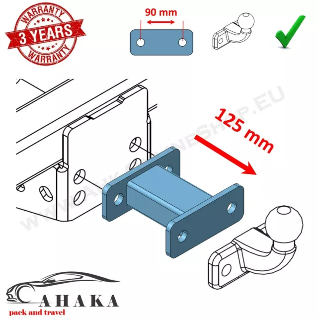 Universal Towbar Extension 125mm - Heavy Duty Tow Ball Spacer Block 2 hole 90 mm