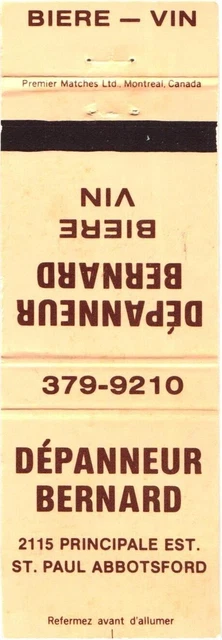 Quebec Canada Bernard Convenience Store Vintage Matchbook Cover