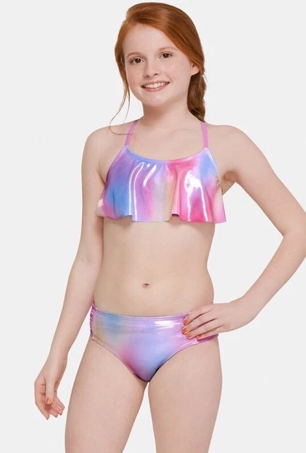 JUSTICE GIRLS IRIDESCENT Flounce Rainbow Bikini Swimsuit Bathing