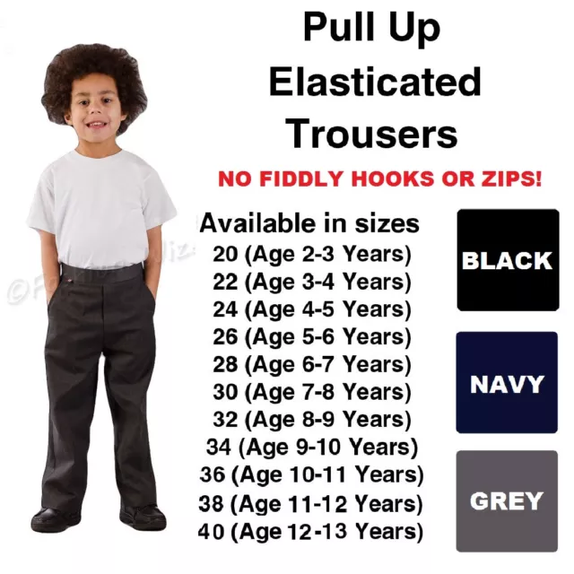 Boys Pull Up School Trousers NO ZIPS Black Grey Navy Elasticated Ages 1-13