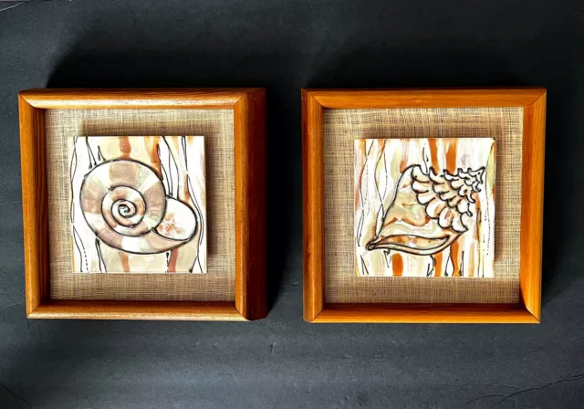Pair of Harris Strong  Sea Shells  Hand Painted Ceramic Tiles 3D Framed Signed