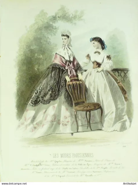 Gravure Modes parisiennes 1864 n°1110 Toilettes de loisirs châle dentelle