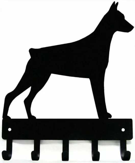 Doberman Pinscher (Cropped) Dog Leash Hanger Metal Wall Key Rack 5 Hooks Sm 6"