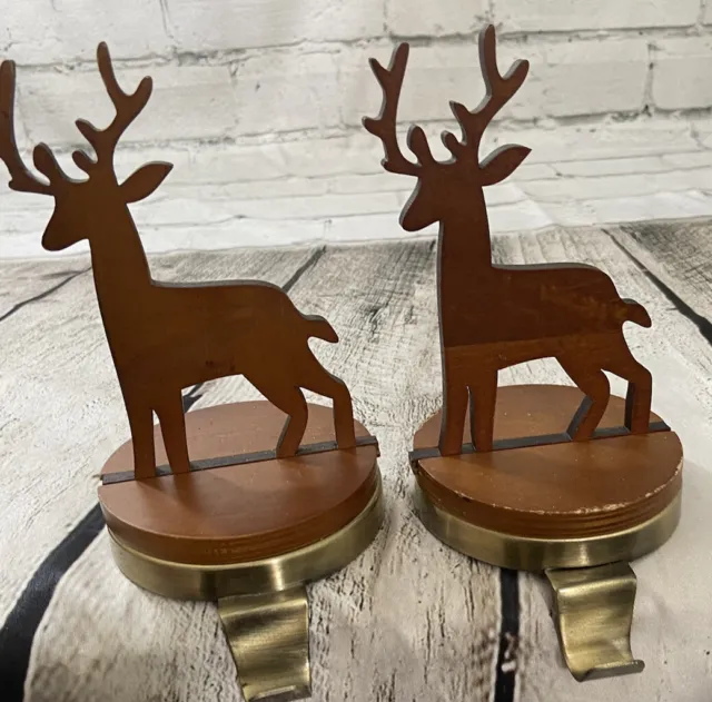 Set Of 2 Wood And Metal Reindeer Stocking Holders 7” -Scuffs On One