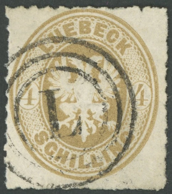 LÜBECK 1863, 4 S. mittelolivbraun, Dreiringstempel L, leichte Durchstichmängel
