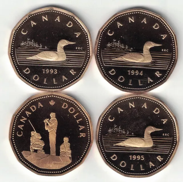 4 X Canada Impaired Proof Loonie Dollars Eliz Ii Coins 1993 1994 1995 1995 Peace 3