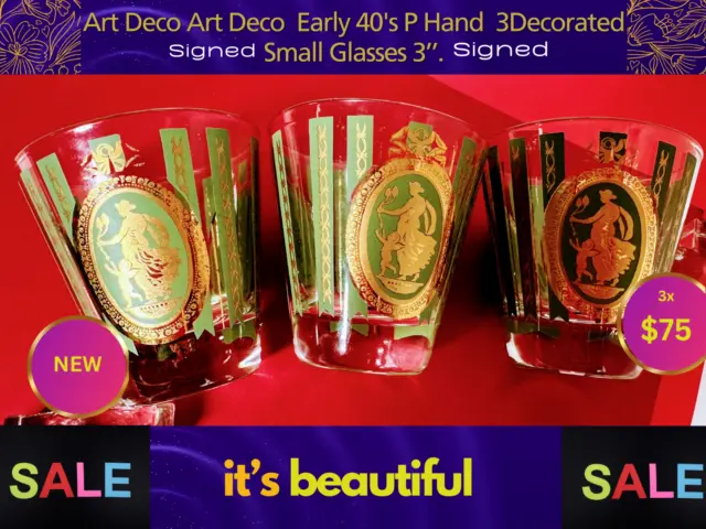 Art Deco 3 Early 40's PERA Co. Hand Decorated Blue & Gold 3” Glass Signed. 3