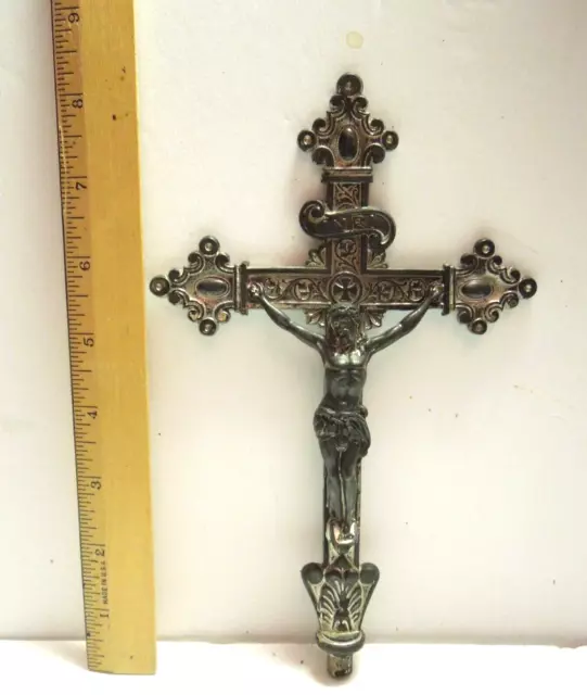 Vintage Metal Detailed Religious Crucifix 9" cross INRI Jesus w/Post on base