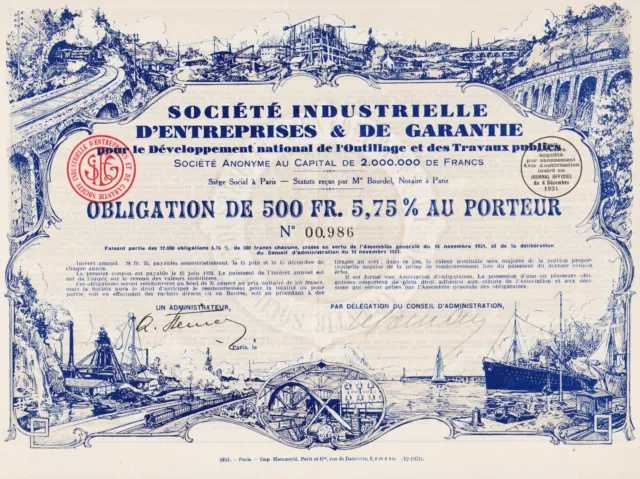 Sté INDUSTRIELLE D'ENTREPRISES & DE GARANTIE - OBLIGATION 500 FRANCS 1931 FRANCE