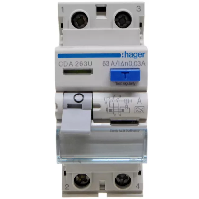 Hager CDA263U A-Type RCD 63 Amp 30mA RCCB Trip Double Pole AC and DC Protection 3