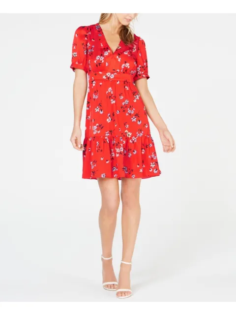 JILL STUART Womens Red Ruffled Floral V Neck Mini Shift Dress Size: 12