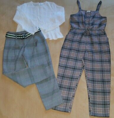NEXT White Blouse Checked Dungaree RIVER ISLAND Trousers Bundle Age 8Y Excellent