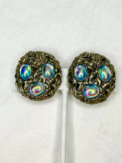 Vintage MCM Brutalist Abstract Silvertone Iridescent Cabochon Clip Earrings