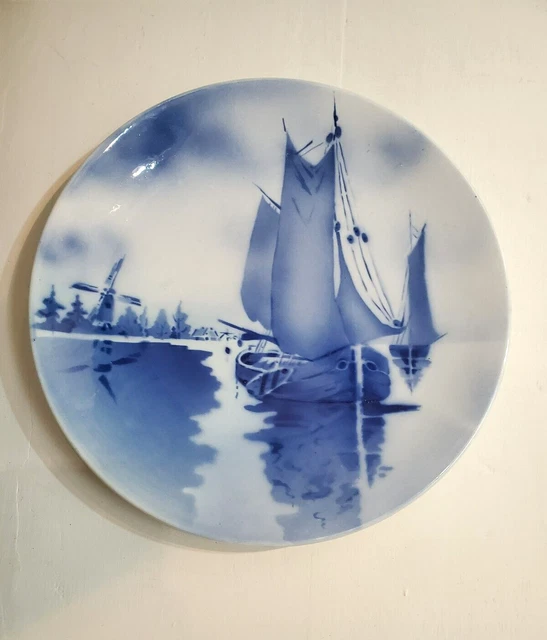 Vintage Glazed Delft Style Porcelain Blue White Wall Plate Windmill DUTCH