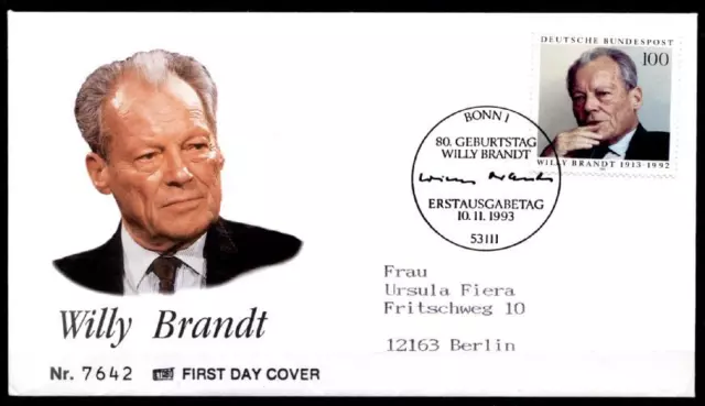NP-Träger Kanzler Willy Brandt. FDC(1)-Brief. Bonn. BRD 1993