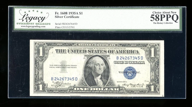 DBR 1935-A $1 Silver Fr. 1608 BD Block Legacy 58 PPQ Serial B24267345D