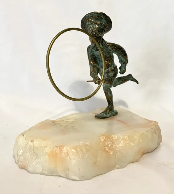 Vintage Bronze Signed Sculpture Boy Street Urchin Playing w Ring Hoop