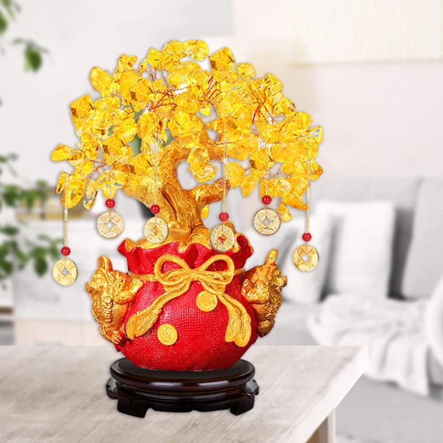 Crystal Money Tree Lucky Tree Bonsai Style Feng Shui Ornament Red with Stand