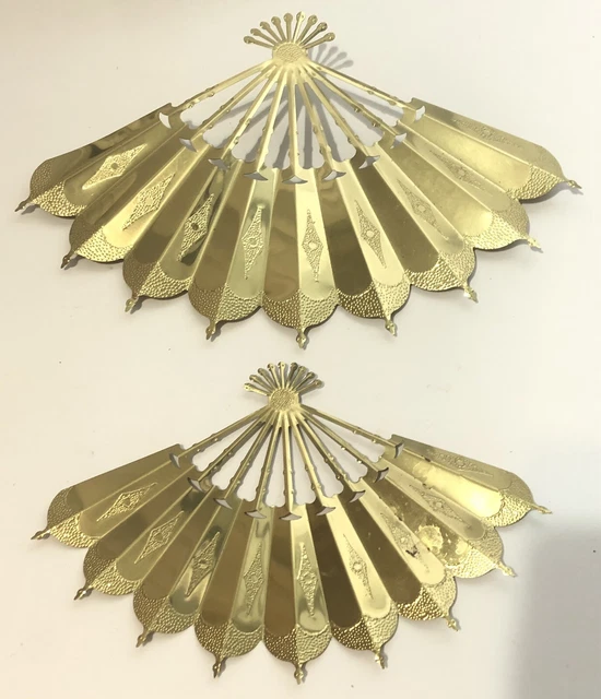 Vtg Home Interiors Pair Metal Gold Tone Asian Fan Wall Plaques Hanging Decor
