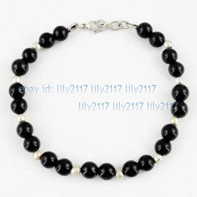 Fashion 6/8/10mm Natural Black Agate Onyx Round Gemstone Beads Bracelets 7.5" AA 2
