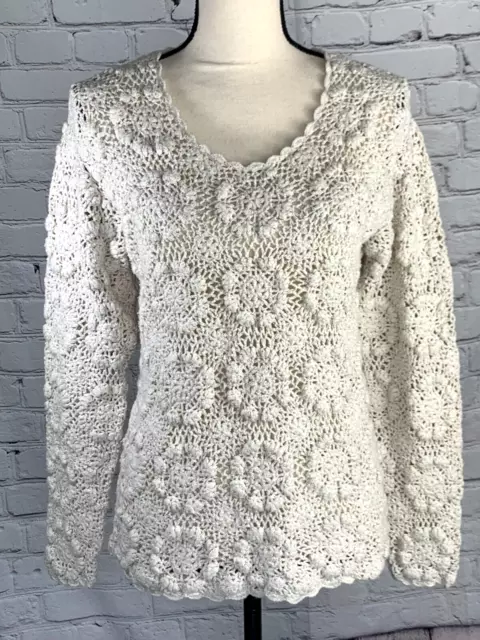 Vintage Esprit Womens Crochet Knit Floral Sweater Ivory Cotton Size Small