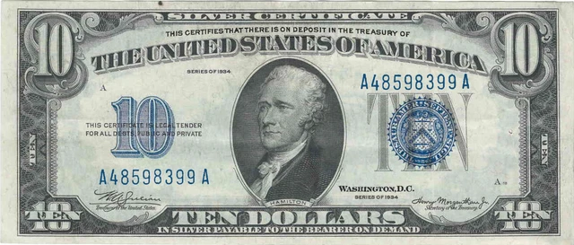 Nice Circulated  Series of 1934  $10 Silver Certificate staple holes