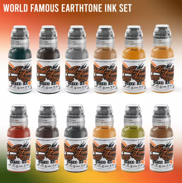 World Famous Tattoo 12 Color Earthtone Ink Set of Bottle 1oz 30 ml in the USA