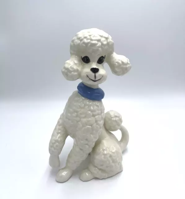 Poodle Figurine White Blue Statue Grannycore Dog Cozy Kitsch MCM 50s 60s Vtg