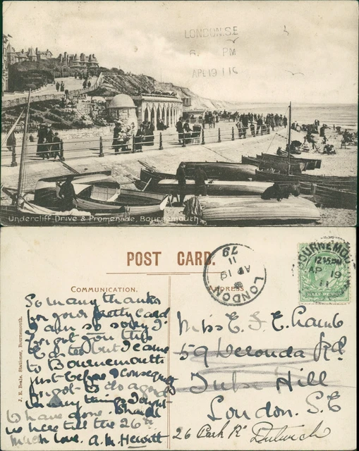 Bournemouth Undercliff Drive & Promenade 1911 Cancel JE Beale