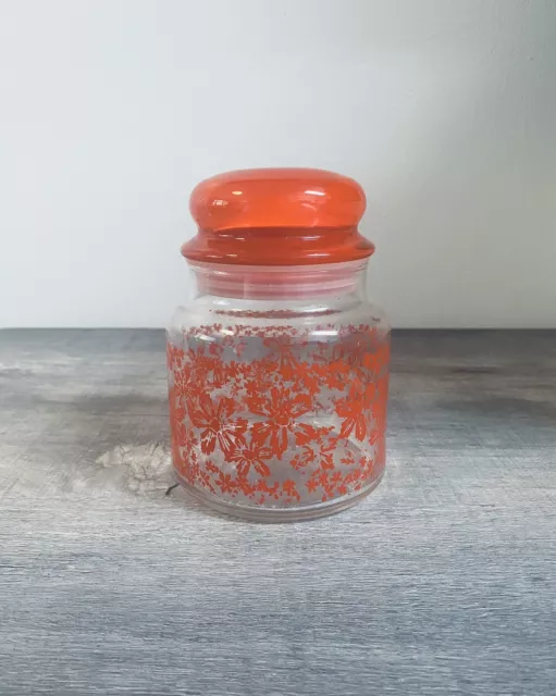 Red Floral Glass Canister, Vintage MIdcentury 1960s Flower