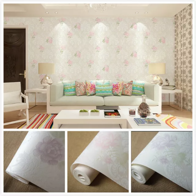 10M 3D Damask Embossed Wallpaper Rolls No Glue Bedroom Room Wall Sticker