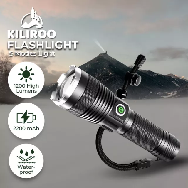 Kiliroo 1200lm Lumens P50 Flashlight USB Rechargeable Bright Torch Lamp Light